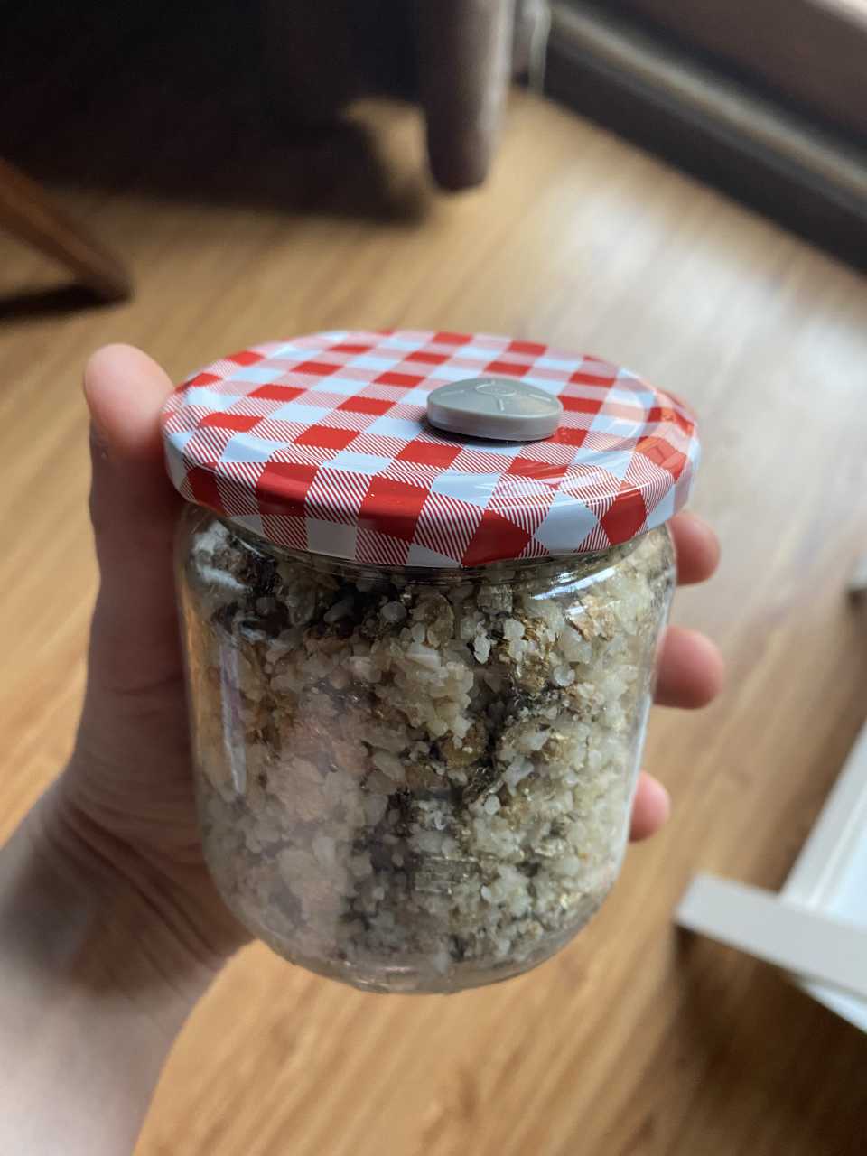 A small jar with a red and white lid, filled with brown rice flour substrate